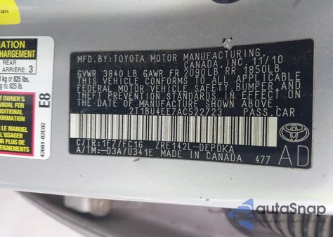 2010 Toyota Corolla Le from USA, damaged, VIN 2T1BU4EE7AC522723